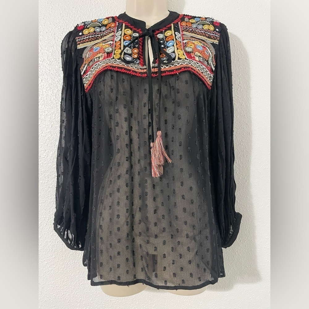 Ivy Jane Long Sleeve Blouse Boho Embroidered Tassels Swiss Dot Peasant